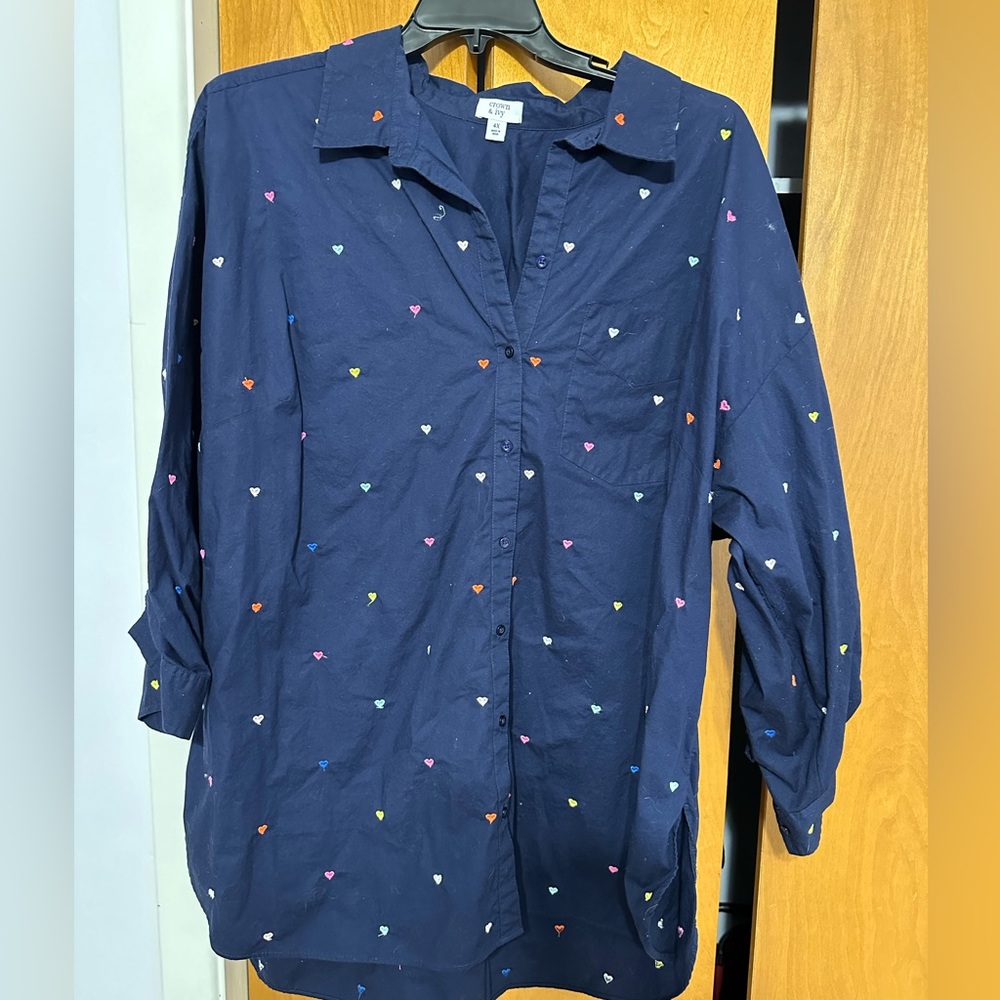 Navy Button-Up Long Sleeve Shirt w/Multicolored Hearts - Size 4X
